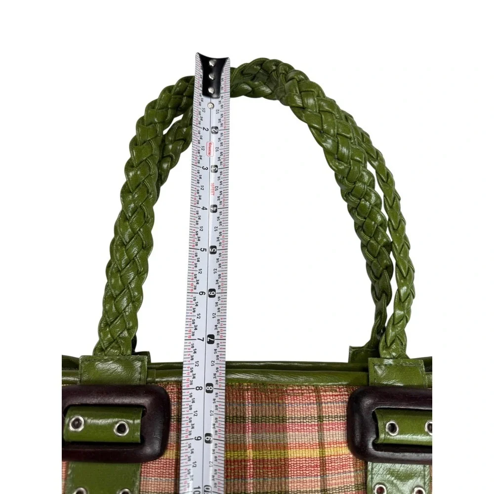 Plaid Tote‎ Bag Green Faux Leather Trim Braided Handles